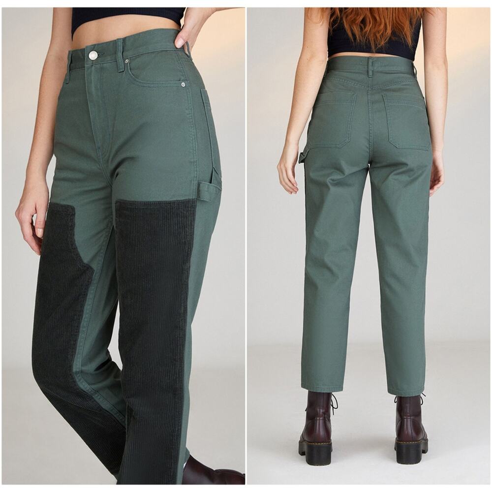 PacSun High Rise Carpenter Pants Size 24 Green Utility Workwear Corduroy Panels